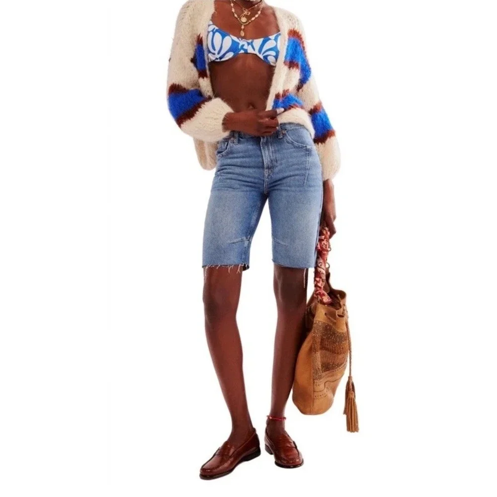 We The Free Ghost Town High Rise Long Distressed Women's Denim Shorts Size 30